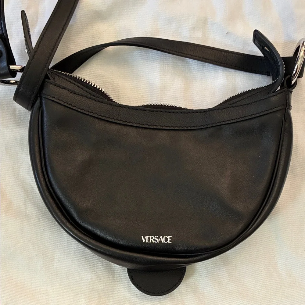 Versace New Black Italian Leather Shoulder mini Hobo Bag w Silver Medusa Charm - Picture 3 of 10